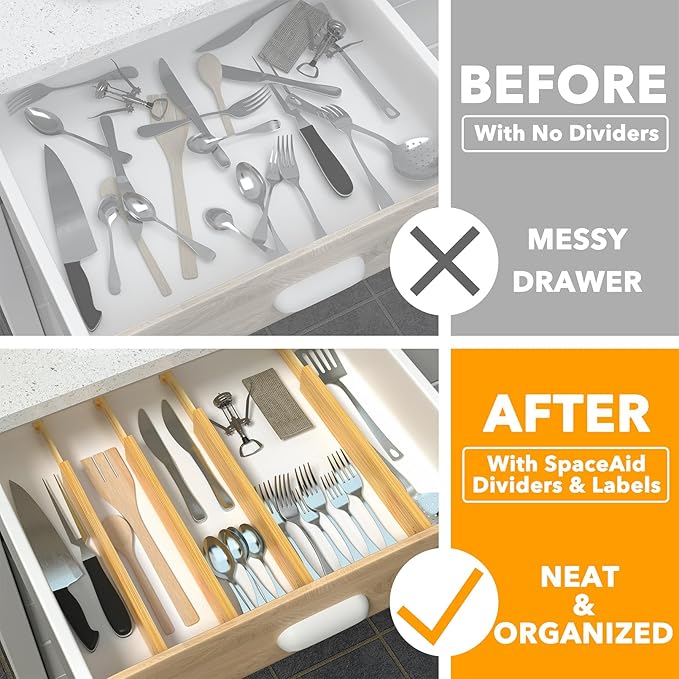 SpaceAid 4 Pack Bamboo Drawer Dividers with Labels, Kitchen Adjustable Drawer Organizers, Expandable Organization for Home Clothes Dressers (17-22 in, Natural)