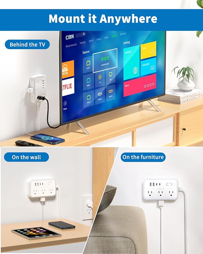 Surge Protector Power Strip with 6 Outlets 4 USB Ports(2USB C), Flat Extension Cord with Multiple Outlets, 1080 Joules, 5 ft Flat Plug Outlet Extender for Indoor, Office Supplies, Dorm Room Essentials