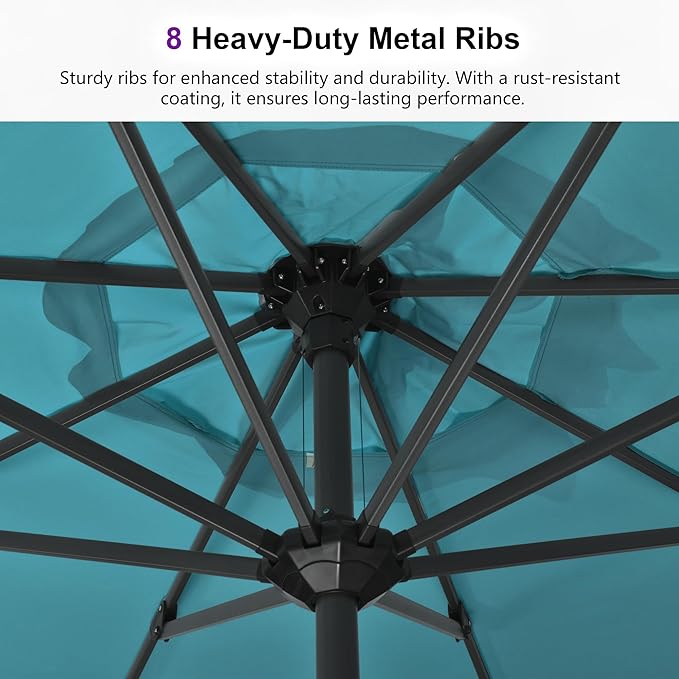 PURPLE LEAF 11' Round Patio Umbrella Outdoor Table Umbrella Aluminum Frame Market Umbrella Sun Umbrella with 8 Sturdy Ribs for Garden Deck Lawn Pool Turquoise Blue