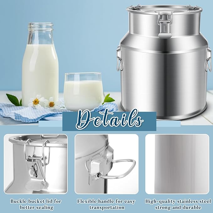 Suclain 2 Pcs Stainless Steel Milk Can Milk Bucket Metal Milk Jug with Sealed Lid and Carry Handle Tote Jug for Milk, Wine, Water, Liquid Tote Pail Storage Transport (28 Liters)