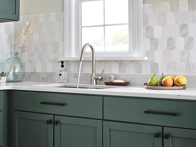 Moen Adler Spot Resist Stainless One-Handle High Arc Kitchen Sink Faucet with Power Clean Pull Down Sprayer, 87233SRS + Deck Mounted Kitchen Lotion or Soap Dispenser with Refillable Bottle, 3942SRS