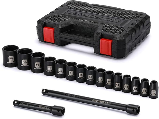 MIXPOWER 17 Pieces 1/2-Inch Drive Shallow Impact Socket Set, Includes 10mm to 32mm, 5", 10" Extension bars, CR-V, 6 Point Metric Socket Set