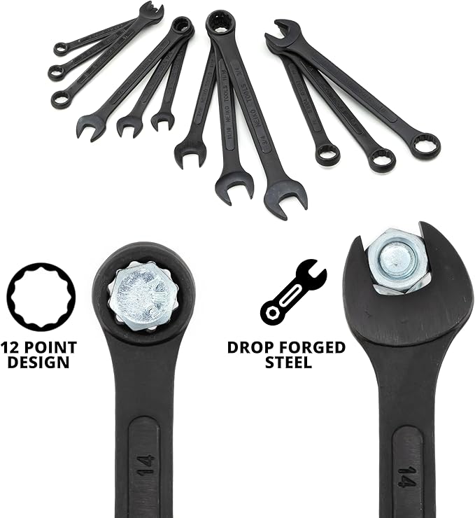 NEIKO 03582A Combination Wrench Set, 12 Pc Raised Panel Combo Wrenches Set, Metric and Standard, Black Oxide Drop Forged Carbon Steel, Mechanic Open End Wrench Set, Small Box End Wrench Set SAE & MM
