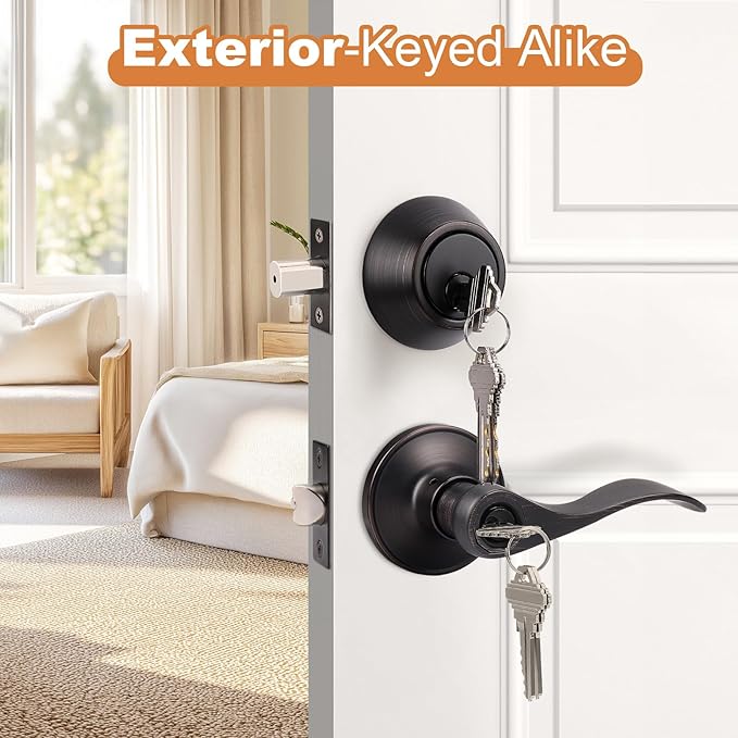Probrico 2 Set Oil Rubbed Bronze Exterior Entry Lever and Single Cylinder Deadbolt Combo Pack, Keyed Alike Lockset Handleset for Front Door Entry Lock Set