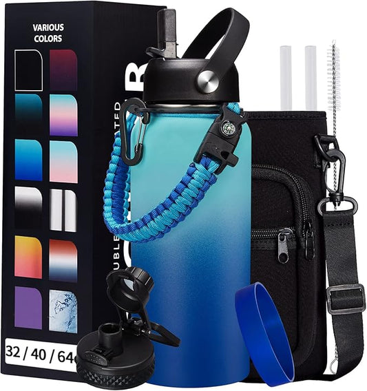 Stainless Steel Flask Water Bottle - 32oz/40oz/64oz Insulated Water Bottle with Straw & Spout Lids, Paracord Handle, Strap Sleeve, Protective Cup Mat, Wide Mouth Hydro Thermo Bottle Sports Office