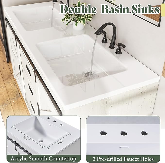 60" Farmhouse Sliding Barn Door Double Vanity with Sink Combo, Freestanding Bathroom Vanity Cabinet with Drawers & Metal Handles, Distressed White