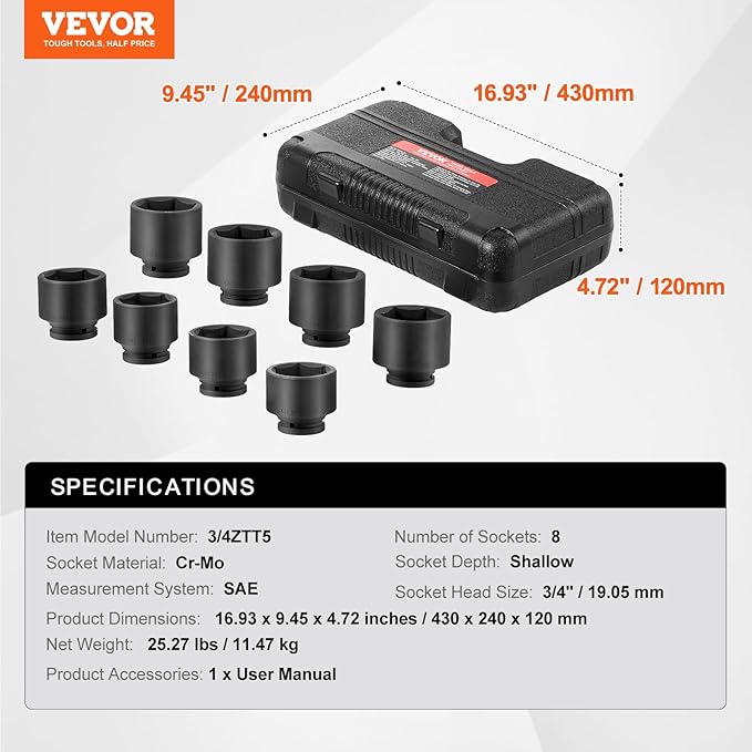 VEVOR Axle Nut Impact Socket Set - 3/4" Drive 6-Point 8-Piece SAE Spindle Nut Socket CR-MO Heat Treated Large Socket Set with Storage Case for Auto Repair, Removing or Installing Axle Nuts