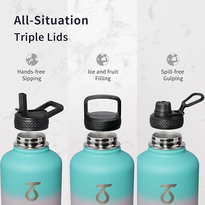 Trebo Water Bottle 64oz with Paracord Handle, Half Gallon Food-grade Double Wall Vacuum Stainless Steel Insulated Jug with Straw Spout Handle Lids, Leakproof Keep Cold & Hot Ombre:Hydrangea