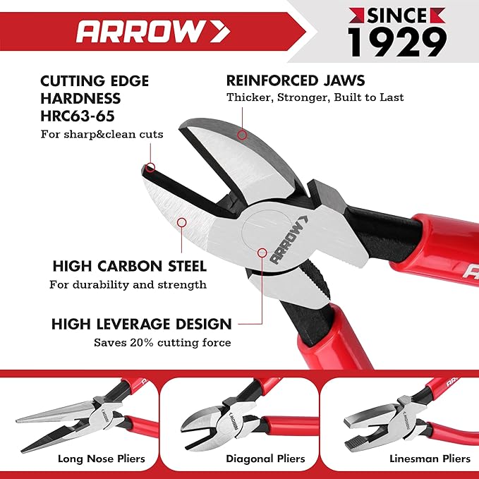 ARROW 3PCS Pliers Set, 6" Needle Nose Pliers, 6" Diagonal Plier, 7" Linesman with Non-slip Handle, Premium Carbon Steel, High Leverage Design