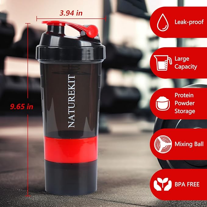 Shaker Bottle,Protein Shaker with Powder Storage Container 18oz, Leak Proof, Gym Bottle Portable Pre Workout for Mix & Drink Shakes & Smoothies,Dishwasher Safe,BPA Free,Red