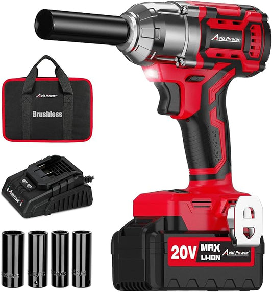 AVID POWER 1/2 Impact Wrench Brushless, 20V Cordless Impact Gun w/ 3 Variable Speeds, Max Torque 370ft-lbs (500N.m), 3.0Ah Li-ion Battery, 4Pcs Impact Sockets, Fast Charger