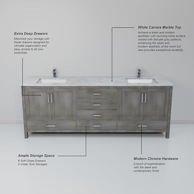 Big Sur 80 in. W x 22 in. D Distressed Grey Double Bath Vanity and Carrara Marble Top