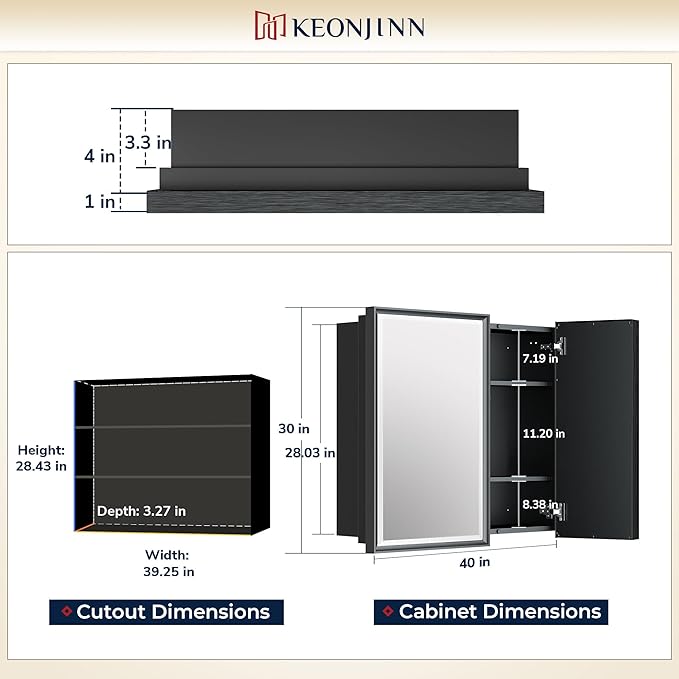 Keonjinn 40” x 30” Medicine Cabinets for Bathroom with Mirror Recessed or Surface Wall-Mounted Aluminum Alloy Framed Beveled Mirror with Soft Close Hinge, 2 Doors Silver Mirrored Cabinet