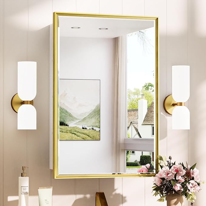 TokeShimi 17x25 Recessed Medicine Cabinet with Mirror Surface Mount, Aluminum Framed Metal White and Gold Medicine Cabinet with Mirrored, Bathroom Beveled Mirror Adjustable Storage