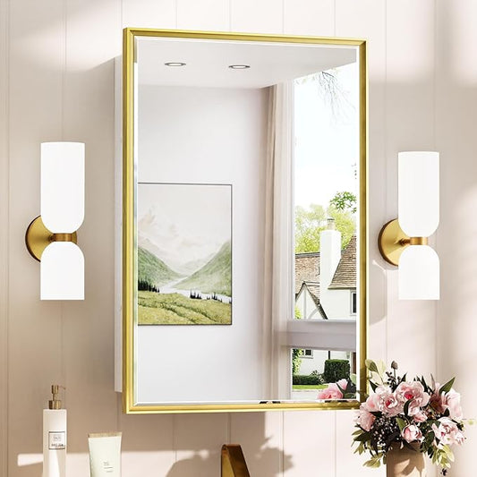 TokeShimi 17x25 Recessed Medicine Cabinet with Mirror Surface Mount, Aluminum Framed Metal White and Gold Medicine Cabinet with Mirrored, Bathroom Beveled Mirror Adjustable Storage