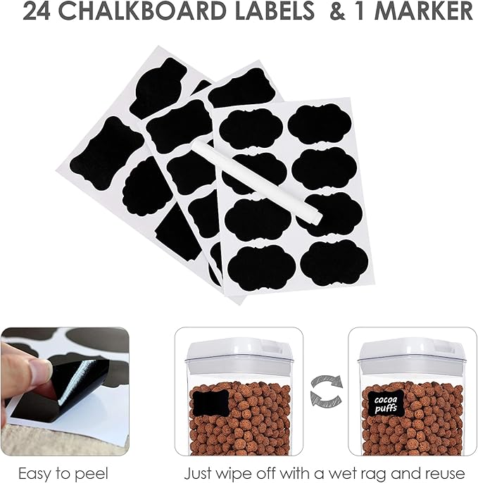 Vtopmart 6 PCS Airtight Food Storage Containers, BPA Free Plastic Snack Cereal Containers with Easy Lock Lids, for Kitchen Pantry Organization and Storage, Include 24 Labels, 1.2L