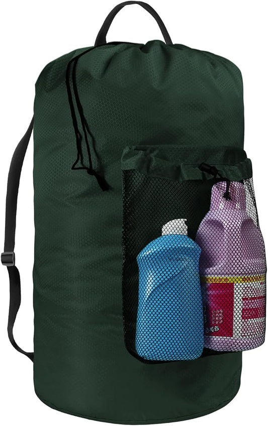 Laundry Bag with Shoulder Straps and Mesh Pocket Laundry Backpack Large Portable Laundry Hamper for College Laundromat Apartment (Green)