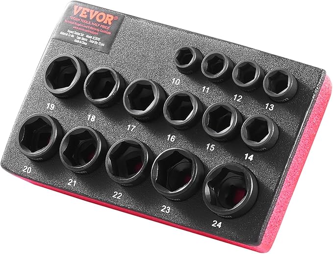 VEVOR Drive Impact Socket Set 3/8" - 15 Piece Ultra-Short Socket Set Metric 10-24mm - 6 Point Cr-Mo Alloy Steel for Auto Repair - Easy-to-Read Size Markings - Rugged Construction Socket Organizer