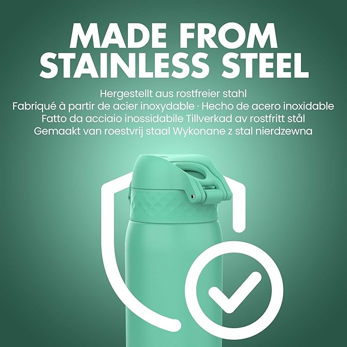 Ion8 Kids Water Bottle, Steel 400 ml/13 oz, Leak Proof, Easy to Open, Secure Lock, Dishwasher Safe, Flip Cover, Carry Handle, Easy Clean, Durable, Scratch Resistant, Carbon Neutral, Teal Green