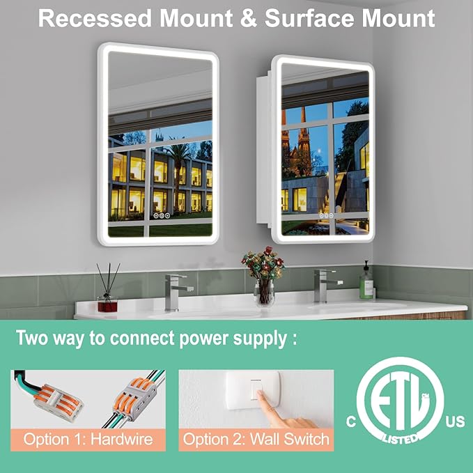 24x30 Inch Medicine Cabinet with Mirror, Recessed or Surface Mount Bathroom Medicine Cabinet with LED Lights, Anti-Fog, Memory Function, Adjustable Shelf, Dimmable Light, ETL Listed, White,Right Hinge