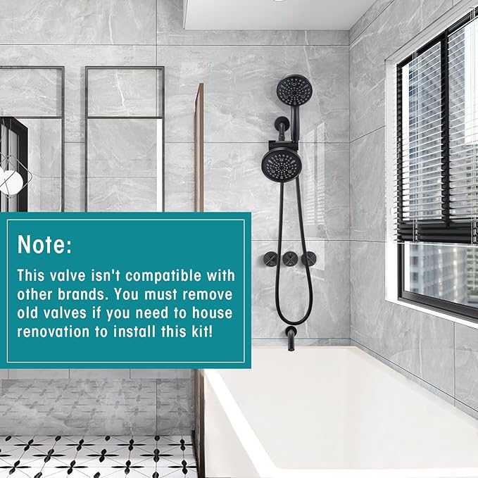 PROOX 3 Handle Tub Shower Faucet Set, Dual shower head Combo with Tub and Shower Trim Kit with Rough-in Valve, Matte Black Bathtub Shower Faucets, Wall Mounted Bathroom Rain Shower System