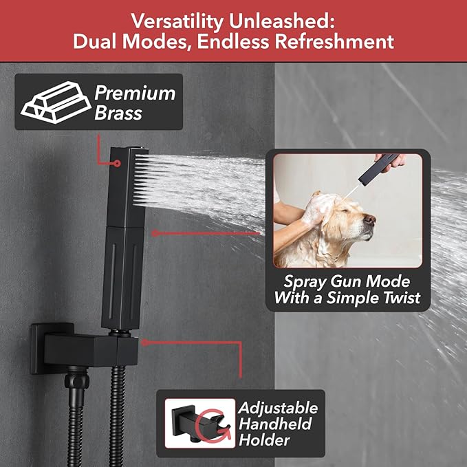 VANFOXLE Shower Faucet Set Matte Black Shower System,Three Modes Shower Faucet with 2 in 1 Handheld,Wall Mount 10 Inch Shower Head with 4 PCS Dual Modes Body Jets