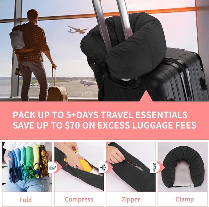 Stuffable Travel Pillow for Extra Luggage, Travel Neck Pillow Stuffable with Clothes, Stuffable Neck Pillow for Travel, Velvet Travel Neck Pillow Storage Bag, Fillable Luggage Pillow (Black)