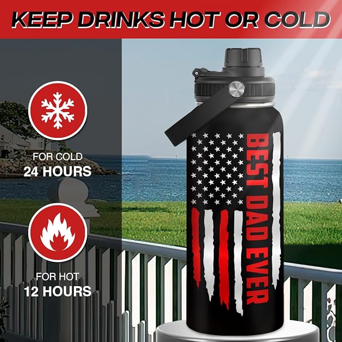 SANDJEST Best Dad Ever Water Bottle 32oz Stainless Steel Insulated Water Bottles - Gifts for Dads Daddy Father Papa from Son Daughter - Fathers Gifts for Birthday Christmas