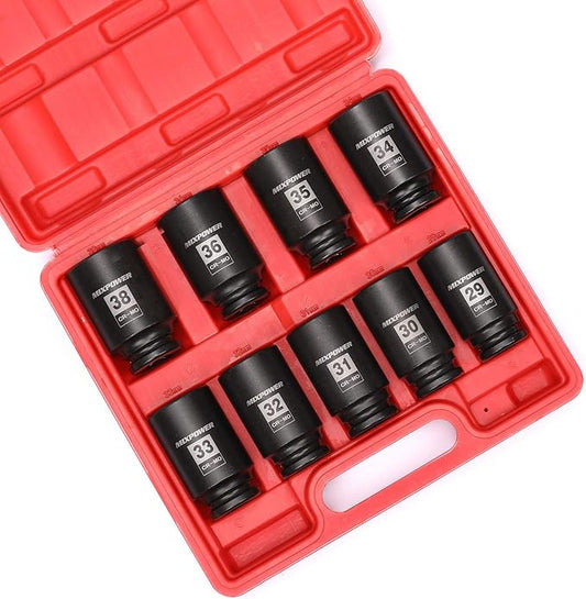 MIXPOWER 1/2- Inch Drive Deep Impact Socket Set, 6 Point, CR-MO, Metric, 29mm-38mm, 9-Piece 1/2" Dr. Deep Spindle Axle Nut Impact Socket Set