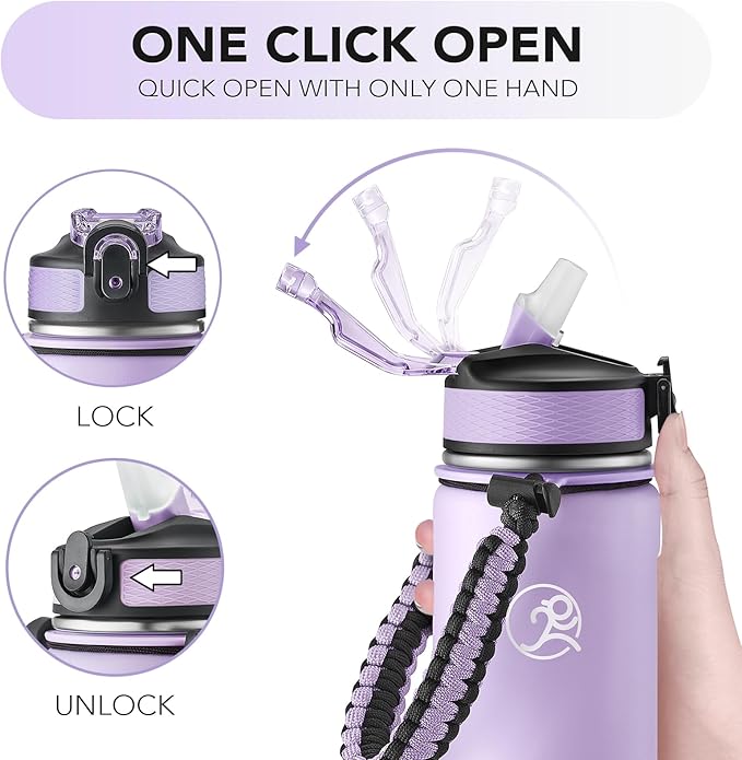 GOSWAG Insulated Sports Water Bottle, 24oz 2 Lids(with Straw/No Straw), Stainless Steel Water Bottles with Paracord Handle, Insulated Thermos with Double-Wall Vacuum Insulation