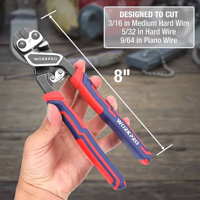 WORKPRO 8" Mini Bolt Cutter, Heavy Duty Wire Cutters with Ergonomic Handle and Security Lock, High Hardness and High Leverage Steel Bolt Cutters, Chrome Molybdenum Steel Blade