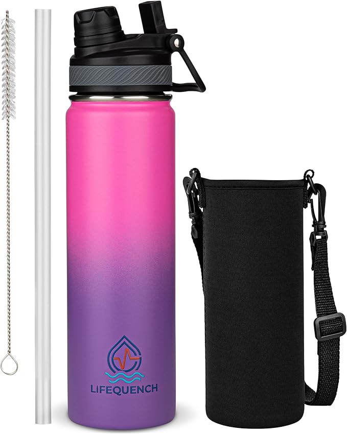Insulated Water Bottle with Straw and Handle 22 oz-Stainless Steel Water Bottles with Straw, Dual Cap Function & Sleeve, Keeps Drinks Hot Up to 12 Hours & Cold Up to 24 Hours (Taffy)