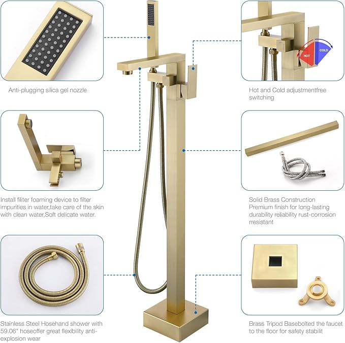 TapLong Brass Freestanding Bathtub Faucet Single Handle Brushed Gold Bath Tub Filler Faucet with Hand Shower High Flow Rate Max 6 GPM, Floor Mount, 51001BG