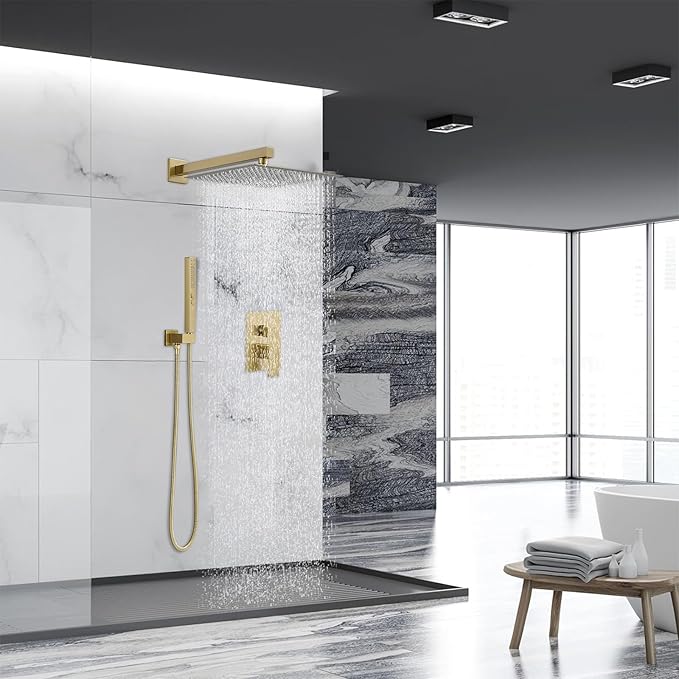 RUMOSE Brushed Gold Rainfall Shower System 12 Inch High Pressure Square Shower Head with 2 in 1 Handheld Spray Wall Mount Brass Bathroom Shower Faucet Set with cUPC Certified Rough-in Valve