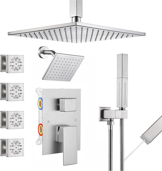 VANFOXLE Shower Faucet Set Brushed Nickel Shower System,Four Modes Shower Faucet with 2 in 1 Handheld,Ceiling Mount 10 Inch Shower Head with 6 Inch Shower Head, 4 PCS Dual Modes Body Jets