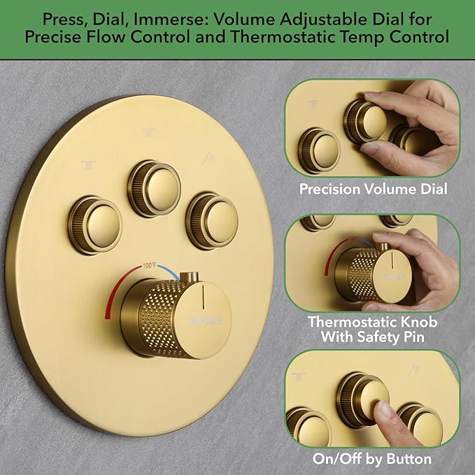 VANFOXLE Thermostatic Shower Faucet Set Brushed Gold Shower System,Push Button Diverter Shower Faucet with 2 in 1 Handheld,Ceiling Mount Increased Thickness 12 Inch Shower Head with 6 Inch Shower Head