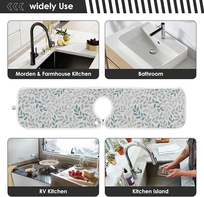 Gray and Blue Leaves Branches Faucet Water Catcher Mat 2 Pack Botanical Herbs Flowers Drying Mat Absorbent Bathroom Faucet Handle Drip Catcher Tray Bar RV Kitchen Sink Splash Guard 23x5 Inches