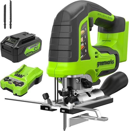 Greenworks 24V Jig Saw,Brushless 1 Inch Jigsaw,3000 SPM,45° Cutting Angle,4 settings Orbital Motion,24V Charger and 4Ah USB Battery
