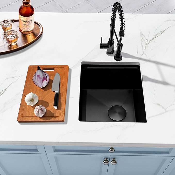 Black Bar Sink Undermount,Small Bar & Prep Sinks,16 Gauge Stainless Steel Bar Sink with Workstation for Wet Bar Area,Special Offset Drain Design (16" X 18")