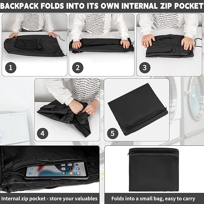 Laundry Bag Backpack with Shoulder Straps and Mesh Pocket Foldable Laundry Hamper for College, Apartment, Laundromat (Black)