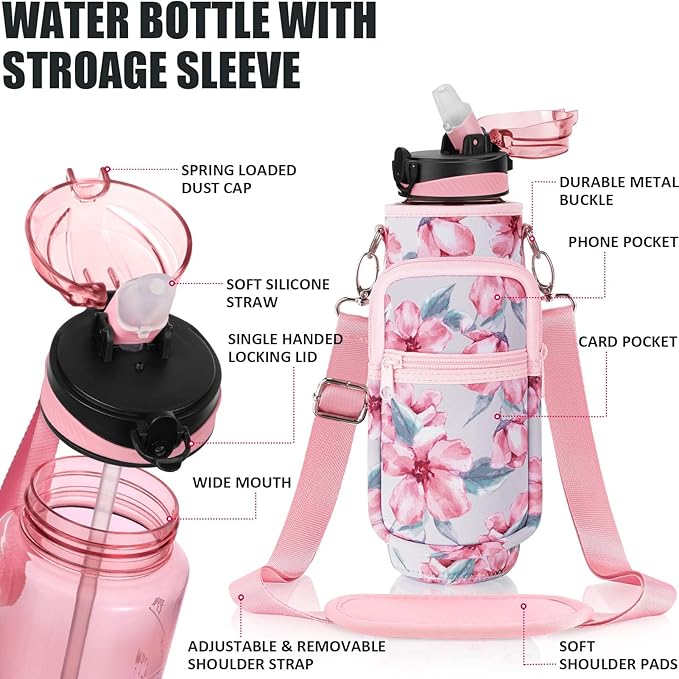 Fimibuke 32 oz Water Bottle with Sleeve - BPA Free Leakproof Sport Large 1L Plastic Motivational Water Bottle with Straw Strap & Insulated Neoprene Holder Carrier Bag Great Xmas Gift for Women Men