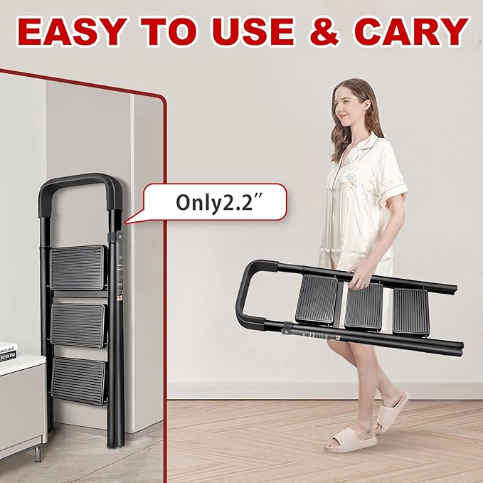 4 Step Ladder with Anti-Slip and Wide Pedal 220 lbs Capacity Folding Step Ladder for Household Kitchen Office(F-Black, 4-Step with Handrail)