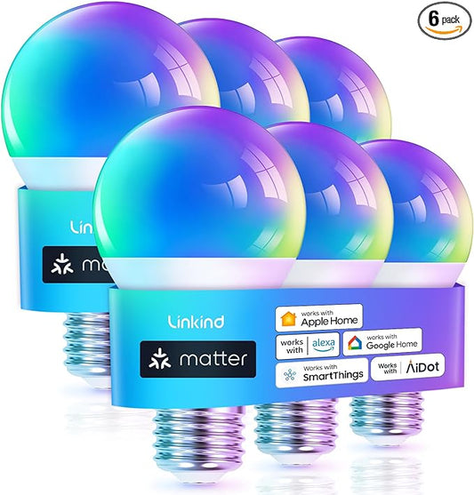 Linkind Matter Smart Light Bulb, WiFi Smart Bulbs, Work with Apple Home, Siri, Alexa, Google, SmartThings, RGBTW Color Changing Bulbs Mood Lighting, Music Sync, A19 E26 60W, 2.4Ghz WiFi 6 Pack