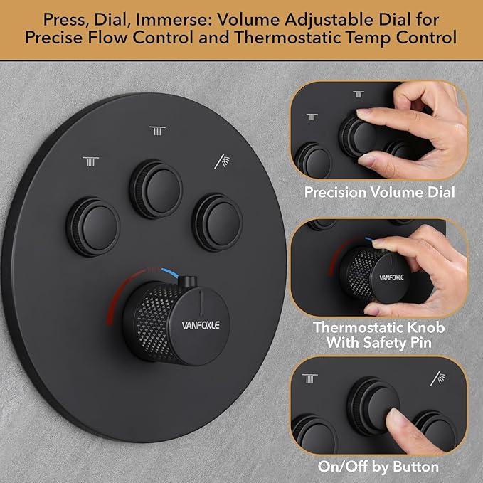 VANFOXLE Thermostatic Shower Faucet Set Matte Black Shower System,Push Button Diverter Shower Faucet with 2 in 1 Handheld,Ceiling Mount Increased Thickness 12 Inch Shower Head with 6 Inch Shower Head