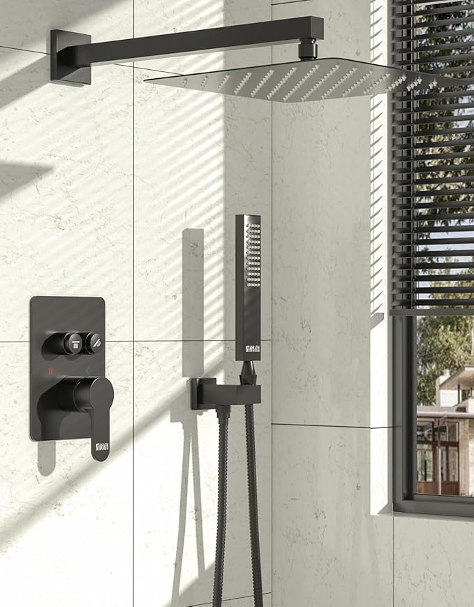 Rainfall Shower System with Handheld Spray and 12" Rain Shower Head, Can Be Use at Same Time, Push Button Multi Shower Head System for 2 People, Matte Black