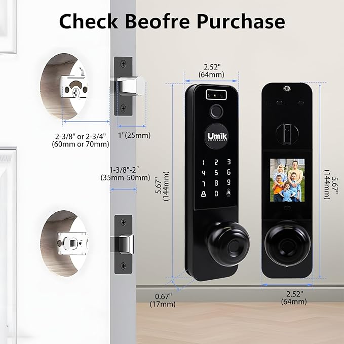 3D Face Recognition Smart Door Lock, Video Smart Lock with Camera&Doorbell, 6-in-1 Keyless Entry Door Lock for Front Door, APP Remote Control (Black)