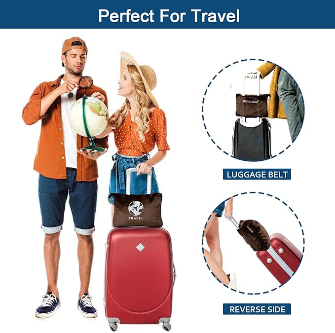 Bnuitland Travel Blanket and Pillow 2 in 1, Soft Flannel Airplane Blanket in Bag Compact-Long Flight Essential for Adults and Kids, Portable Luggage Sleeve and Backpack Clip, 65×40 inch Coffee Brown