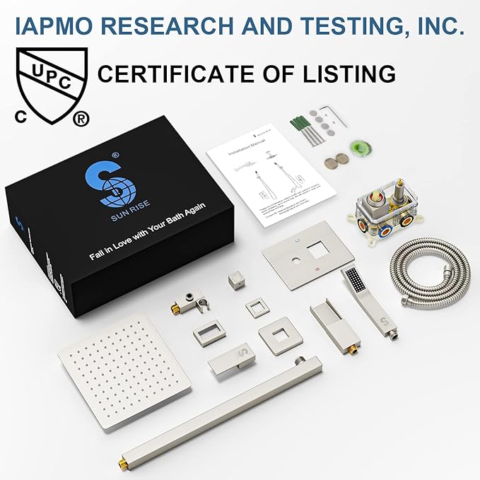 SR SUN RISE 8 Inches All Metal Square Shower System with Tub Spout, Tub Shower Faucet Set, High Pressure Rain Shower Head and Handheld Sprayer Shower Fixtues, Valve Included, Brushed Nickel