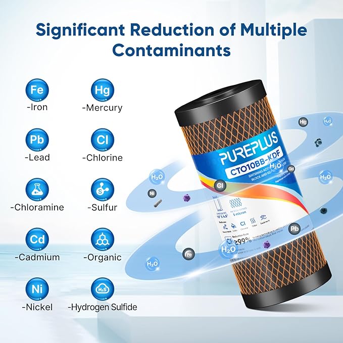 PUREPLUS 5 Micron 10" x 4.5" Whole House Coconut Shell Activated Carbon and KDF Water Filter, Heavy Metal Removal Replacement Water Filter, CTO10BB-KDF, 3 PACK