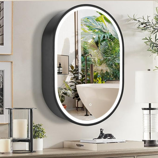Movo 21x 31 Inch Led Oval Medicine Cabinet, Anti-Fog Bathroom Medicine Cabinet with Light, 3 Color Wall Mounted Storage Cabinet Mirror, Smart Touch Switch